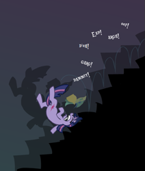 Size: 493x582 | Tagged: safe, derpibooru import, twilight sparkle, pony, unicorn, ask-flutterschiavo, female, mare, multicolored mane, purple coat, solo, stairs