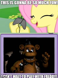 Size: 490x654 | Tagged: safe, edit, edited screencap, screencap, fluttershy, pegasus, pony, a bird in the hoof, controller, exploitable meme, eyes closed, female, five nights at freddy's, fs doesn't know what she's getting into, gamershy, happy, hoof hold, image macro, it's a trap, mare, meme, obligatory pony, open mouth, pink mane, screen, smiling, this will end in tears, tv meme, yellow coat
