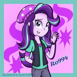 Size: 1500x1500 | Tagged: safe, artist:ro994, starlight glimmer, equestria girls, mirror magic, spoiler:eqg specials, 2018, beanie, clothes, cutie mark background, female, hat, pants, solo, vest, watch, wristwatch