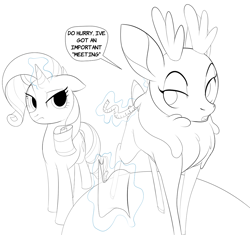 Size: 1166x1096 | Tagged: safe, artist:dotkwa, rarity, velvet reindeer, deer, pony, reindeer, unicorn, them's fightin' herds, black and white, community related, crossover, dialogue, grayscale, monochrome