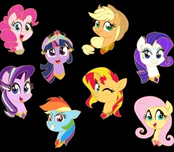 Size: 1050x915 | Tagged: safe, artist:sophieascruggs, applejack, fluttershy, pinkie pie, rainbow dash, rarity, starlight glimmer, sunset shimmer, twilight sparkle, earth pony, pegasus, pony, unicorn, big crown thingy, black background, bust, element of forgiveness, element of generosity, element of honesty, element of justice, element of kindness, element of laughter, element of loyalty, element of magic, elements of harmony, jewelry, looking at you, mane eight, mane six, portrait, regalia, simple background, smiling