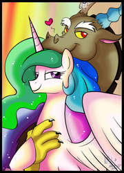 Size: 714x991 | Tagged: dead source, safe, artist:alia-star, artist:bluezircon-da, artist:ziricorn, discord, princess celestia, alicorn, pony, collaboration, dislestia, female, heart, hug, male, shipping, straight