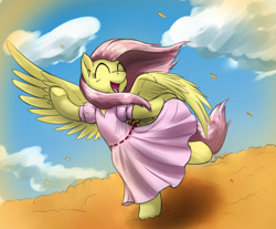 Size: 1627x1345 | Tagged: safe, artist:otakuap, fluttershy, pegasus, pony, bipedal, clothes, dress, happy, solo