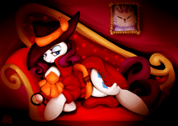 Size: 1280x911 | Tagged: safe, artist:shivall, rarity, pony, unicorn, rarity investigates, clothes, detective, detective rarity, hat, looking at you, magnifying glass, noir, scene interpretation, signature, sofa, solo