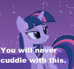 Size: 327x309 | Tagged: safe, derpibooru import, screencap, twilight sparkle, owl's well that ends well, feels, lidded eyes, night, snuggling, solo, text, truth, you will never x