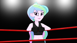 Size: 1859x1046 | Tagged: safe, artist:totallynotabronyfim, princess celestia, principal celestia, equestria girls, belly button, boxing, clothes, gloves, midriff, solo, sports bra