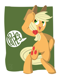 Size: 875x1134 | Tagged: safe, artist:fauxsquared, applejack, earth pony, pony, bipedal, one word, simple background, solo, speech bubble