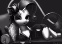 Size: 1920x1357 | Tagged: safe, artist:doll, rarity, pony, unicorn, rarity investigates, bedroom eyes, clothes, draw me like one of your french girls, fainting couch, looking at you, monochrome, on side, smiling, solo
