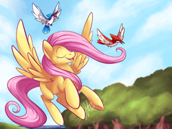 Size: 1280x960 | Tagged: safe, artist:fizzy-dog, fluttershy, bird, pegasus, pony, flying, singing, solo