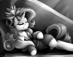 Size: 1024x800 | Tagged: safe, artist:iponylover, rarity, pony, unicorn, rarity investigates, fainting couch, grayscale, lounge, monochrome, solo