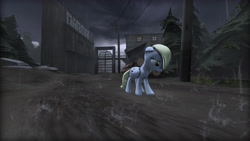 Size: 4800x2700 | Tagged: safe, artist:photomix3r, derpy hooves, pony, 3d, absurd resolution, alone, building, factory, log, poster, rain, sad, saddle bag, solo, source filmmaker, telephone pole, tree, wood