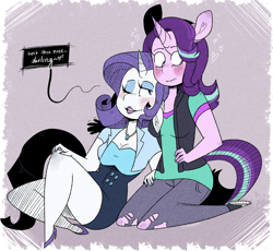 Size: 1280x1177 | Tagged: safe, artist:drmedrick, rarity, starlight glimmer, anthro, unicorn, blushing, breasts, clothes, dialogue, female, leaning, lesbian, sapphire eye rarity, shipping, starity