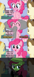 Size: 1120x2520 | Tagged: safe, artist:beavernator, pinkie pie, pound cake, pumpkin cake, earth pony, elephant, pony, clothes, comic, costume, gun, m4a1, navy seal, piggie pie, pun, weapon