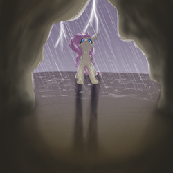 Size: 1080x1080 | Tagged: safe, artist:ebonytails, fluttershy, pegasus, pony, cave, rain, solo