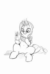 Size: 1440x2112 | Tagged: safe, artist:trickydick, rarity, pony, unicorn, magic, monochrome, reading, solo, tea