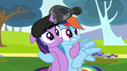 Size: 1278x720 | Tagged: safe, artist:cocopommel, derpibooru import, edit, edited screencap, screencap, rainbow dash, twilight sparkle, pegasus, pony, hurricane fluttershy, beret, cap, duo, hat, hug, military