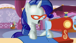 Size: 1024x576 | Tagged: safe, edit, edited screencap, screencap, rarity, pony, unicorn, canterlot boutique, inanimate tf, mannequin, mannequin tf, objectification, open mouth, sewing machine, solo