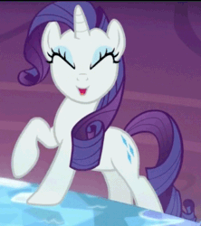 Size: 338x380 | Tagged: safe, screencap, rarity, pony, unicorn, made in manehattan, :o, animated, cute, excited, eyes closed, female, gif, happy, hoofy-kicks, mare, open mouth, raised hoof, raribetes, rearing, smiling, solo, stomping