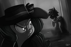 Size: 1000x667 | Tagged: safe, artist:tadashi--kun, rarity, wind rider, pony, unicorn, rarity investigates, detective rarity, grayscale, monochrome