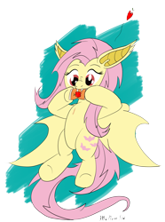 Size: 2309x3103 | Tagged: safe, artist:mcnum, fluttershy, biting, fangs, flutterbat, juice box, solo, spread wings