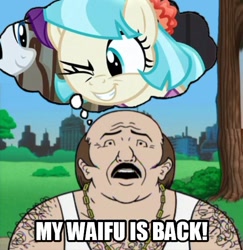 Size: 540x555 | Tagged: safe, coco pommel, rarity, pony, unicorn, made in manehattan, adult swim, aqua teen hunger force, carl, carl brutananadilewski, cartoon network, cocobetes, cute, image macro, meme, waifu