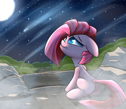 Size: 1280x1109 | Tagged: safe, artist:madacon, pinkie pie, earth pony, pony, blank flank, filly, floppy ears, night, pinkamena diane pie, rock farm, sad, solo