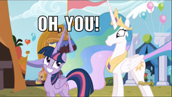 Size: 1280x720 | Tagged: safe, screencap, princess celestia, twilight sparkle, twilight sparkle (alicorn), alicorn, pony, party pooped, image macro, meme, oh you, why the long face