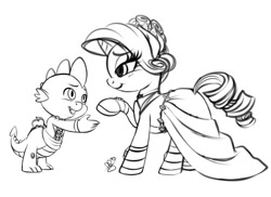 Size: 500x363 | Tagged: safe, artist:pia-sama, rarity, spike, dragon, pony, unicorn, clothes, cute, dancing, dress, female, male, monochrome, shipping, simple background, sparity, straight, white background, wip