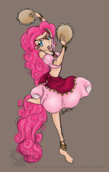 Size: 1244x1954 | Tagged: safe, artist:phantasmicdream, pinkie pie, human, anklet, balancing, barefoot, feet, gypsy pie, humanized, looking at you, midriff, musical instrument, open mouth, romani, smiling, solo, tambourine