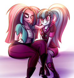 Size: 798x834 | Tagged: safe, artist:mayde-m, aria blaze, sonata dusk, equestria girls, clothes, duo, female, looking at each other, sitting, smiling, wide hips