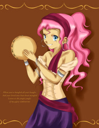 Size: 1615x2085 | Tagged: safe, artist:pandykissu, pinkie pie, human, gypsy pie, humanized, musical instrument, romani, solo, tambourine