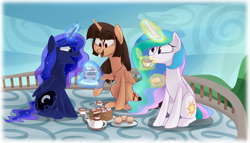 Size: 3500x2000 | Tagged: safe, artist:birb-o-fluff, princess celestia, princess luna, oc, oc:spring beauty, alicorn, pony, alicorn oc, balcony, cake, tea