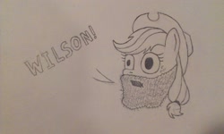 Size: 2592x1552 | Tagged: safe, artist:zaponator, applejack, earth pony, pony, beard, castaway, head, monochrome, solo