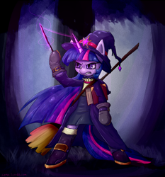 Size: 1400x1500 | Tagged: safe, artist:senx, derpibooru import, twilight sparkle, book, broom, clothes, hat, solo, wand, witch, witch hat