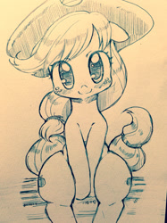 Size: 1280x1707 | Tagged: safe, artist:moka, applejack, earth pony, pony, cute, jackabetes, monochrome, solo, traditional art, wide hips