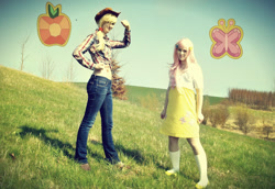 Size: 1024x704 | Tagged: safe, artist:mylittlepearl, applejack, fluttershy, human, cosplay, irl, irl human, photo