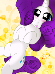 Size: 3216x4288 | Tagged: safe, artist:edgar2225, rarity, pony, unicorn, :p, blushing, cute, looking at you, on back, smiling, solo, tongue out