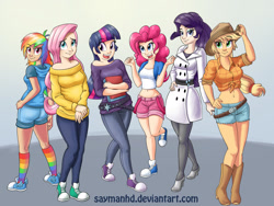 Size: 2253x1695 | Tagged: safe, artist:saymanhd, derpibooru import, applejack, fluttershy, pinkie pie, rainbow dash, rarity, twilight sparkle, human, belly button, book, boots, clothes, converse, cowboy hat, female, freckles, front knot midriff, hat, high heels, humanized, jeans, mane six, midriff, pants, shoes, shorts, smiling, smirk
