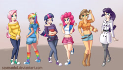 Size: 3338x1904 | Tagged: safe, artist:saymanhd, derpibooru import, applejack, fluttershy, pinkie pie, rainbow dash, rarity, twilight sparkle, human, belly button, book, clothes, converse, humanized, line-up, mane six, midriff, sweatershy