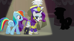 Size: 1440x807 | Tagged: safe, derpibooru import, screencap, applejack, rainbow dash, rarity, earth pony, pegasus, pony, unicorn, testing testing 1-2-3, ancient wonderbolts uniform, clothes, costume, duo focus, female, frock coat, hat, mare, open mouth, sgt. rarity, shako, spotlight, uniform