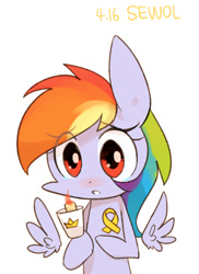 Size: 800x1100 | Tagged: safe, artist:joycall6, derpibooru import, rainbow dash, pegasus, pony, candle, capsizing, floating wings, korean, memorial, mouthpiece, mv sewol, ribbon, sewol, solo, yellow ribbon