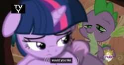 Size: 570x298 | Tagged: safe, derpibooru import, edit, edited screencap, screencap, spike, twilight sparkle, dragon, pony, unicorn, magical mystery cure, caption, crown, female, hub logo, male, mare, meme, out of context, stoner spike, tv rating, youtube caption