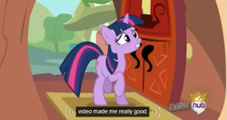 Size: 571x303 | Tagged: safe, derpibooru import, screencap, twilight sparkle, magical mystery cure, crown, hub logo, meme, solo, video, youtube caption