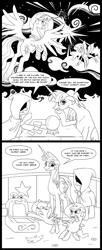 Size: 1560x3816 | Tagged: safe, artist:sketchyjackie, nightmare moon, princess celestia, princess luna, oc, oc:fausticorn, alicorn, pony, cewestia, comic, filly, monochrome, woona