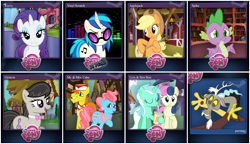 Size: 2001x1151 | Tagged: safe, applejack, bon bon, carrot cake, cup cake, discord, dj pon-3, lyra heartstrings, octavia melody, rarity, spike, sweetie drops, vinyl scratch, dragon, earth pony, pony, unicorn, steam (software), steam trading card