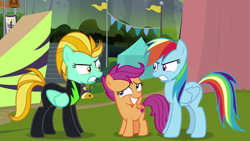 Size: 1280x720 | Tagged: safe, artist:sofiablythe2014, derpibooru import, screencap, lightning dust, rainbow dash, scootaloo, pegasus, pony, the washouts (episode), angry, awkward, awkward moment, clothes, female, filly, looking at each other, mare, scowl, sheepish grin, standing, uniform, washouts uniform, wings