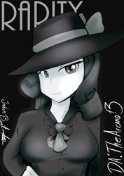 Size: 724x1023 | Tagged: safe, artist:thearcano13, rarity, human, rarity investigates, detective rarity, humanized, monochrome, noir, solo