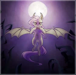 Size: 900x884 | Tagged: safe, artist:japandragon, fluttershy, bat pony, pony, apple, bat wings, eating, flutterbat, flying, moon, night, solo, wings