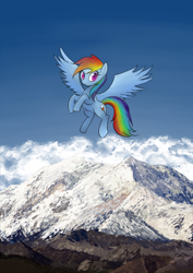 Size: 1280x1810 | Tagged: safe, artist:coma392, derpibooru import, rainbow dash, pegasus, pony, female, flying, mare, mountain, scenery, sky, smiling, solo, spread wings, wings