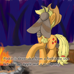 Size: 950x952 | Tagged: safe, artist:otakuap, applejack, pinkie pie, oc, oc:fluffy the bringer of darkness, earth pony, insect, moth, original species, pony, animal, applejack's hat, campfire, cowboy hat, facemoth, female, forbidden love, giant insect, giant moth, hat, insane pony thread, mare, raised hoof